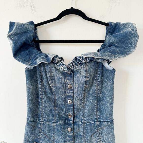 Misha Trisha Acid Wash Blue Denim Off The Shoulder Ruffle Mini Dress 10 - Picture 7 of 13
